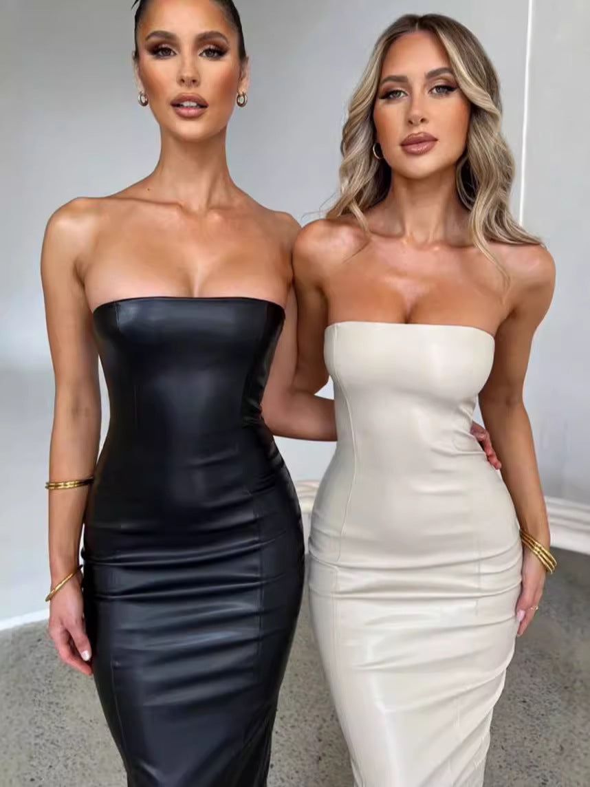 Strapless Midi Dress With Splicing Detail Solid Color Pu Leather