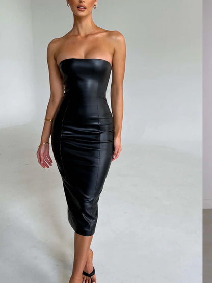 Strapless Midi Dress With Splicing Detail Solid Color Pu Leather