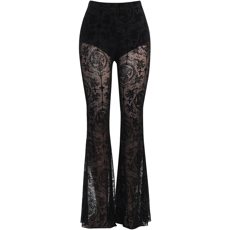 High-Waisted Flared Pants in Sheer Flocked Lace