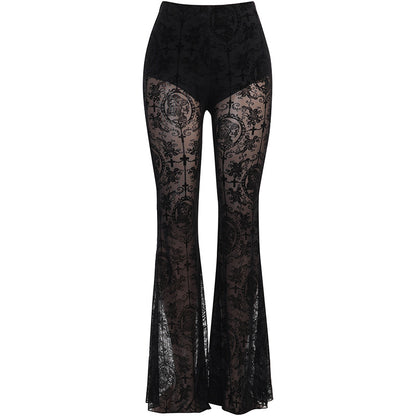High-Waisted Flared Pants in Sheer Flocked Lace