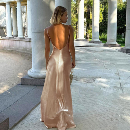 Satin Maxi Slip Dress with V-Neck and Backless Detail