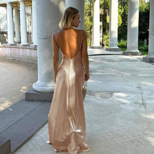 Satin Maxi Slip Dress with V-Neck and Backless Detail