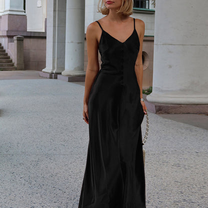 Satin Maxi Slip Dress with V-Neck and Backless Detail