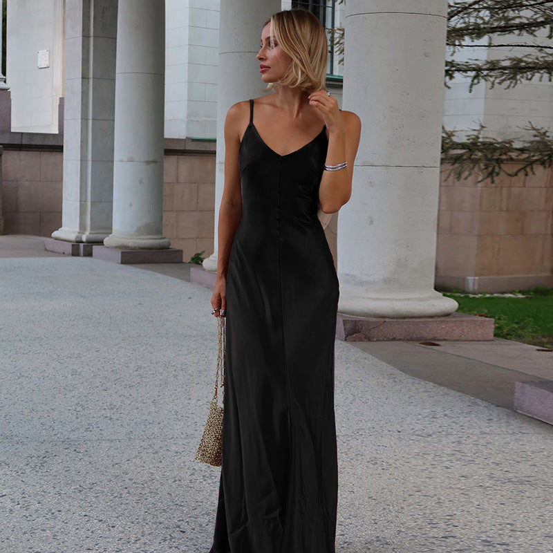 Satin Maxi Slip Dress with V-Neck and Backless Detail