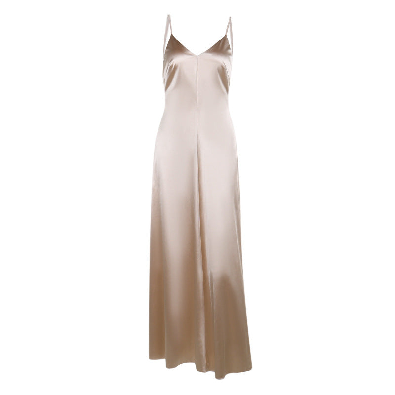 Satin Maxi Slip Dress with V-Neck and Backless Detail