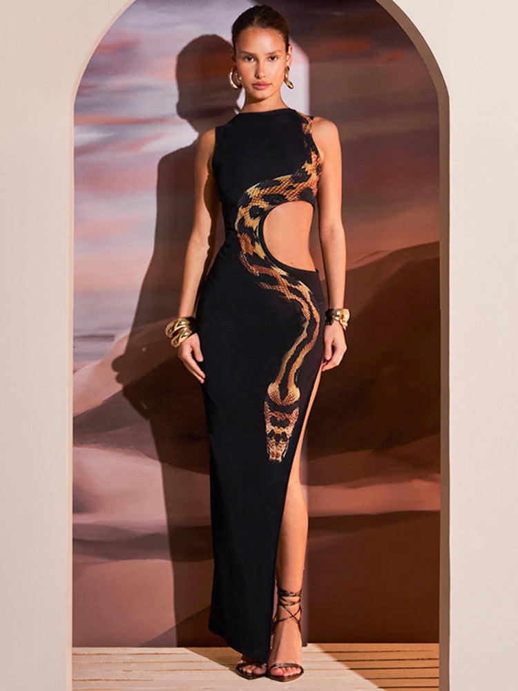 Sleeveless High Waist Snake Print Long Dress Hollow Design