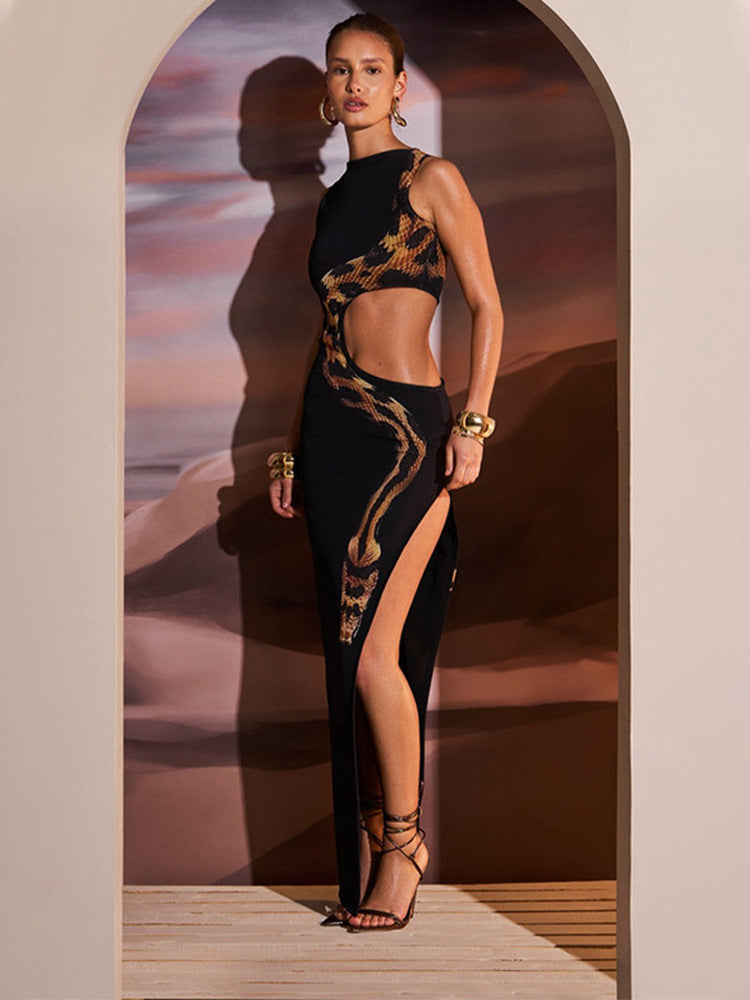 Sleeveless High Waist Snake Print Long Dress Hollow Design