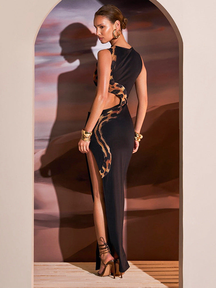 Sleeveless High Waist Snake Print Long Dress Hollow Design