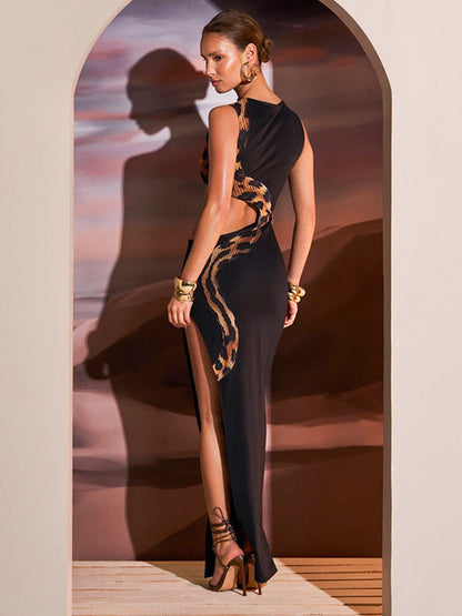 Sleeveless High Waist Snake Print Long Dress Hollow Design