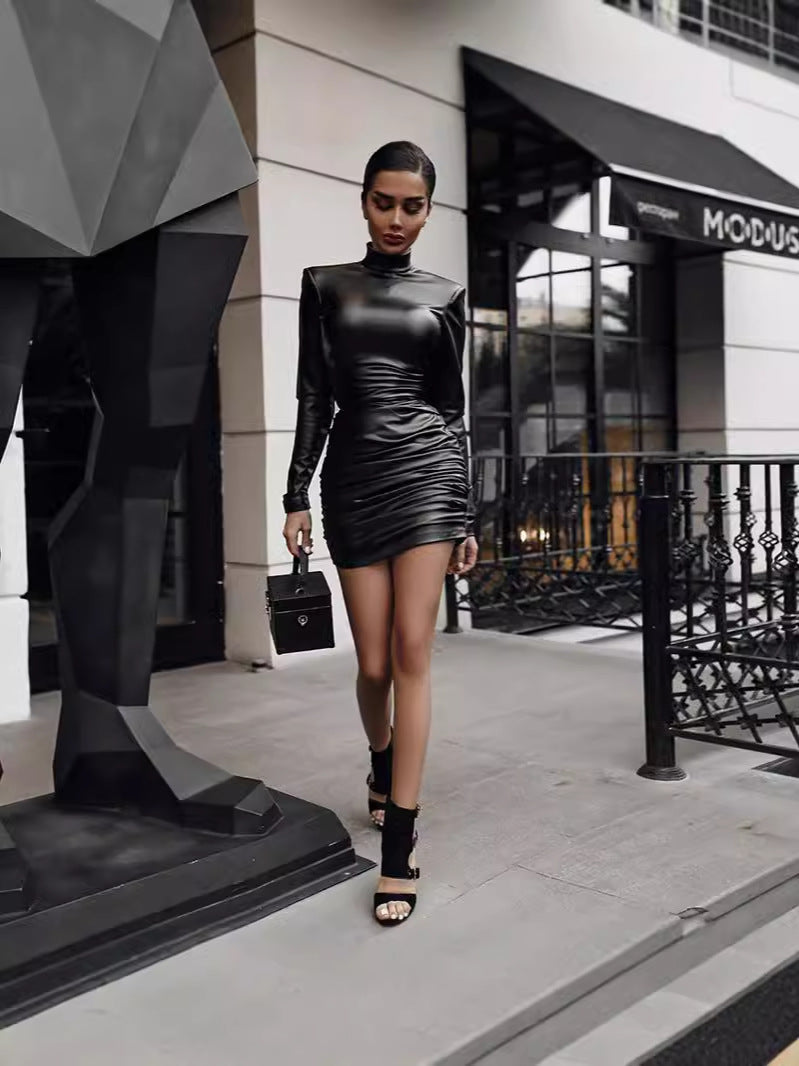 Mid-Length Pleated Long Sleeve Dress Solid Color Polyester