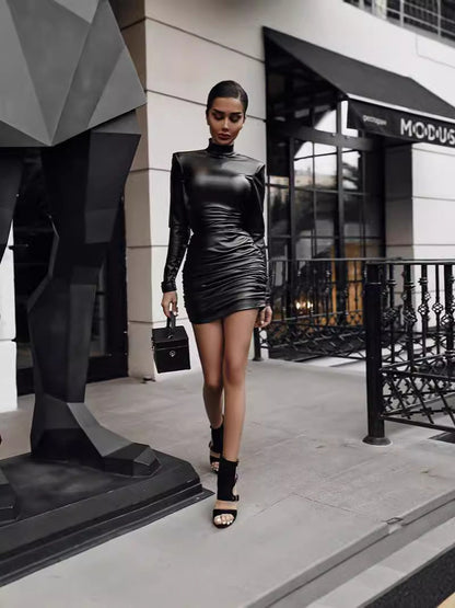 Mid-Length Pleated Long Sleeve Dress Solid Color Polyester