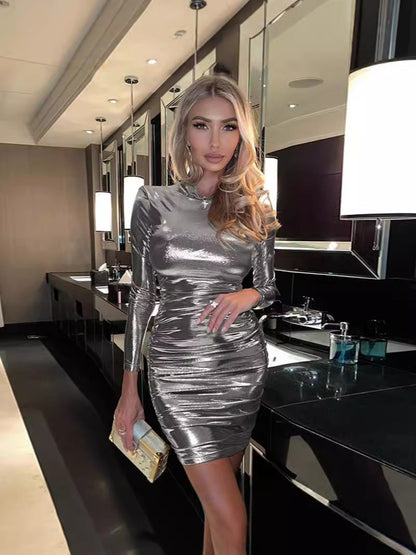 Mid-Length Pleated Long Sleeve Dress Solid Color Polyester