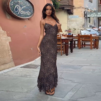 Leopard Print Backless Ruffled Sling Dress Mid-Length