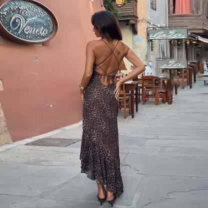 Leopard Print Backless Ruffled Sling Dress Mid-Length