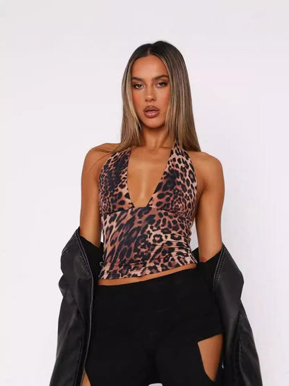 Leopard Print Backless Slim Fit Vest Sleevele