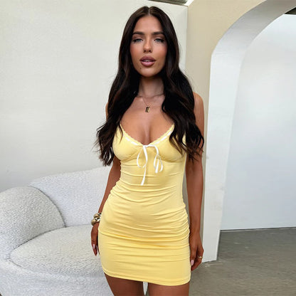 Bodycon Mini Dress with Lace Trim and Drawstring Detail