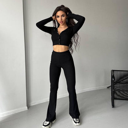 Ribbed Knit Two-Piece Set with Cropped Cardigan and Flared Pants