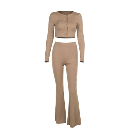 Ribbed Knit Two-Piece Set with Cropped Cardigan and Flared Pants