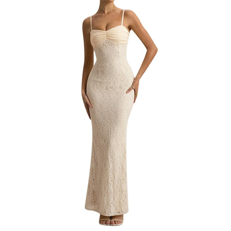 Bodycon Lace Maxi Dress with Ruched Bust and Spaghetti Straps