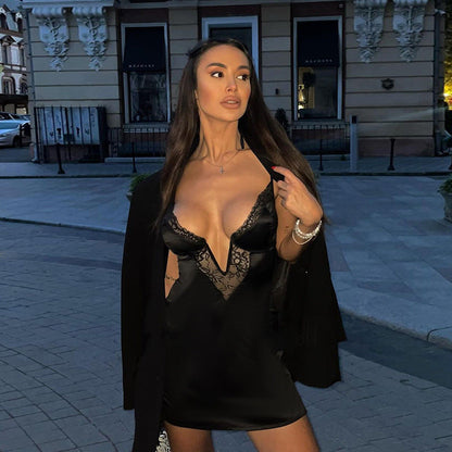 Elegant Slim Strap Lace V-Neck Mini Dress Black