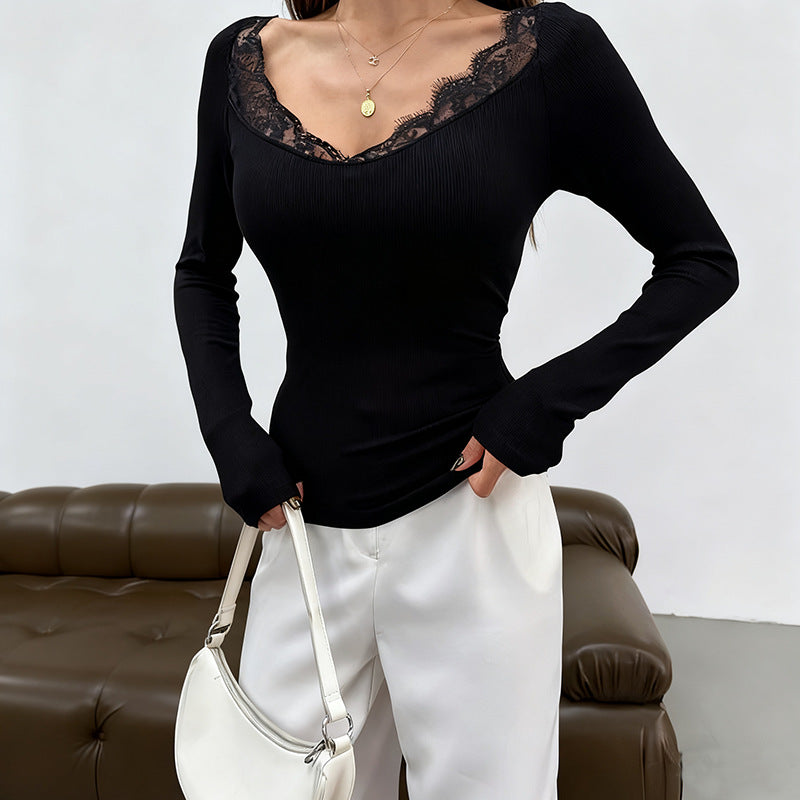 Slim Fit Ribbed Top with Lace Patchwork Neckline
