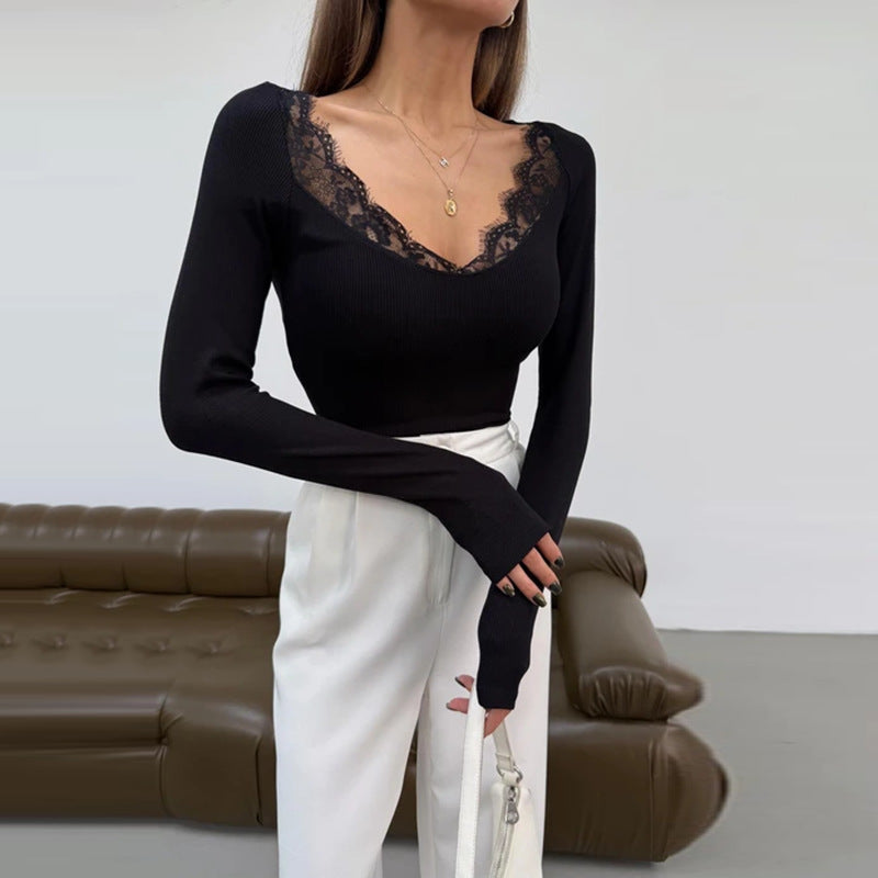 Slim Fit Ribbed Top with Lace Patchwork Neckline