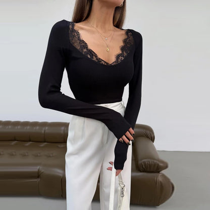 Slim Fit Ribbed Top with Lace Patchwork Neckline