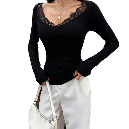 Slim Fit Ribbed Top with Lace Patchwork Neckline