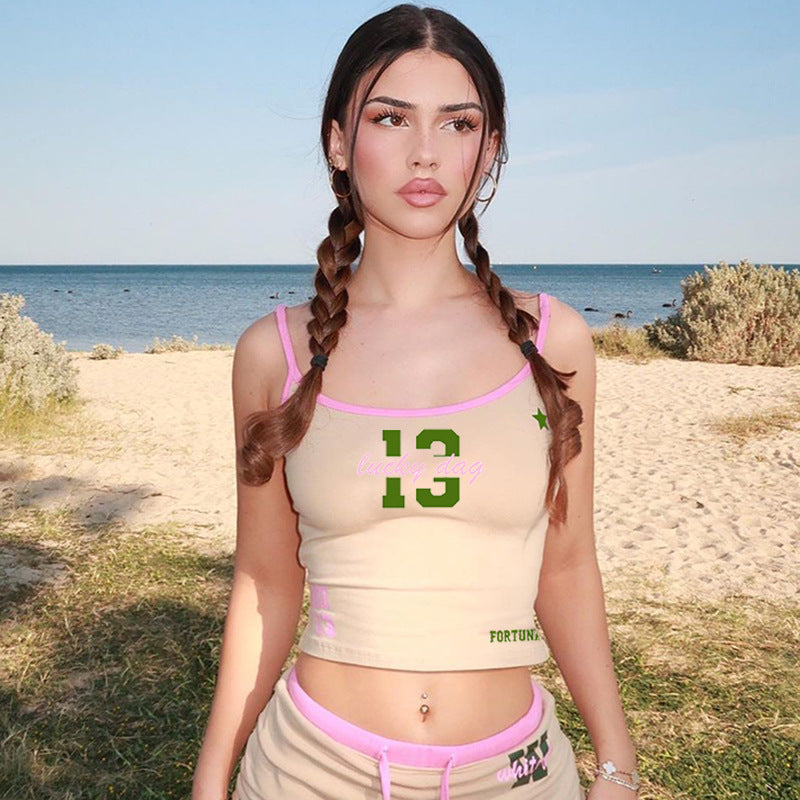 Slim Fit Cropped Camisole with Contrast Trim and Graphic Print