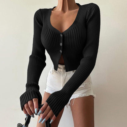 Cropped Ribbed Cardigan with Button Front and V-Neck