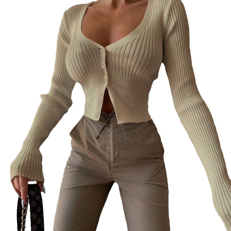 Cropped Ribbed Cardigan with Button Front and V-Neck