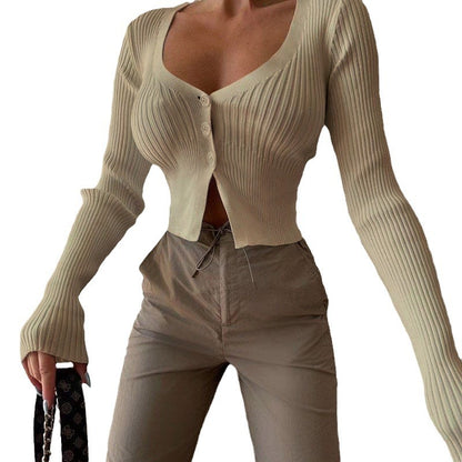 Cropped Ribbed Cardigan with Button Front and V-Neck