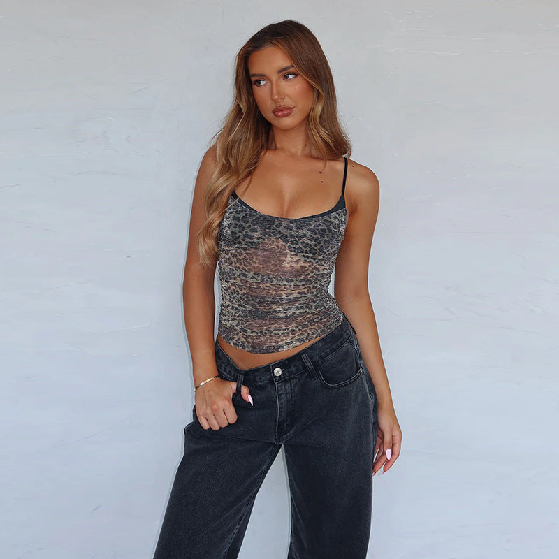 Backless Leopard Print Camisole Top Grey