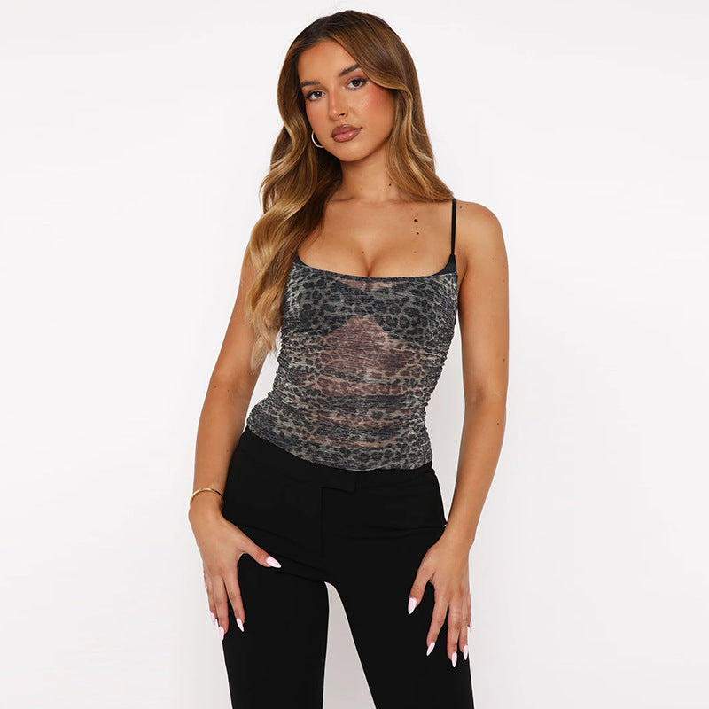 Backless Leopard Print Camisole Top Grey