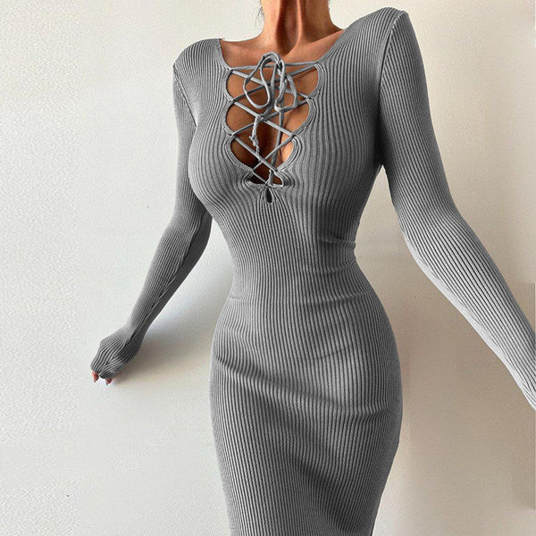 Ribbed Knit Bodycon Midi Dress with Lace-Up V-Neck