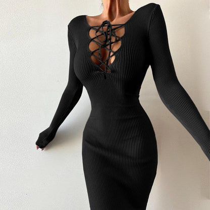 Long Sleeve Ribbed Knit Bodycon Midi Dress with Lace-Up V-Neck