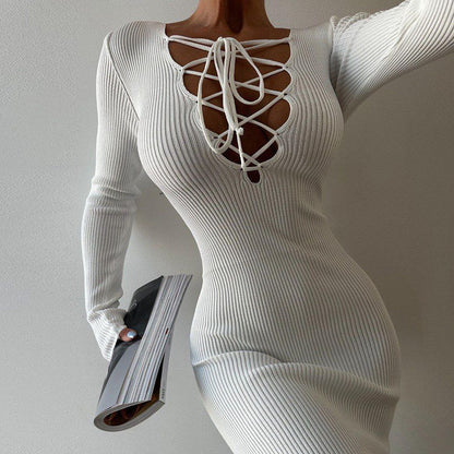 Long Sleeve Ribbed Knit Bodycon Midi Dress with Lace-Up V-Neck