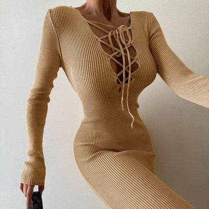 Long Sleeve Ribbed Knit Bodycon Midi Dress with Lace-Up V-Neck