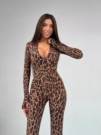 Leopard Print Long Sleeve Zipper Jumpsuit Tight Fit