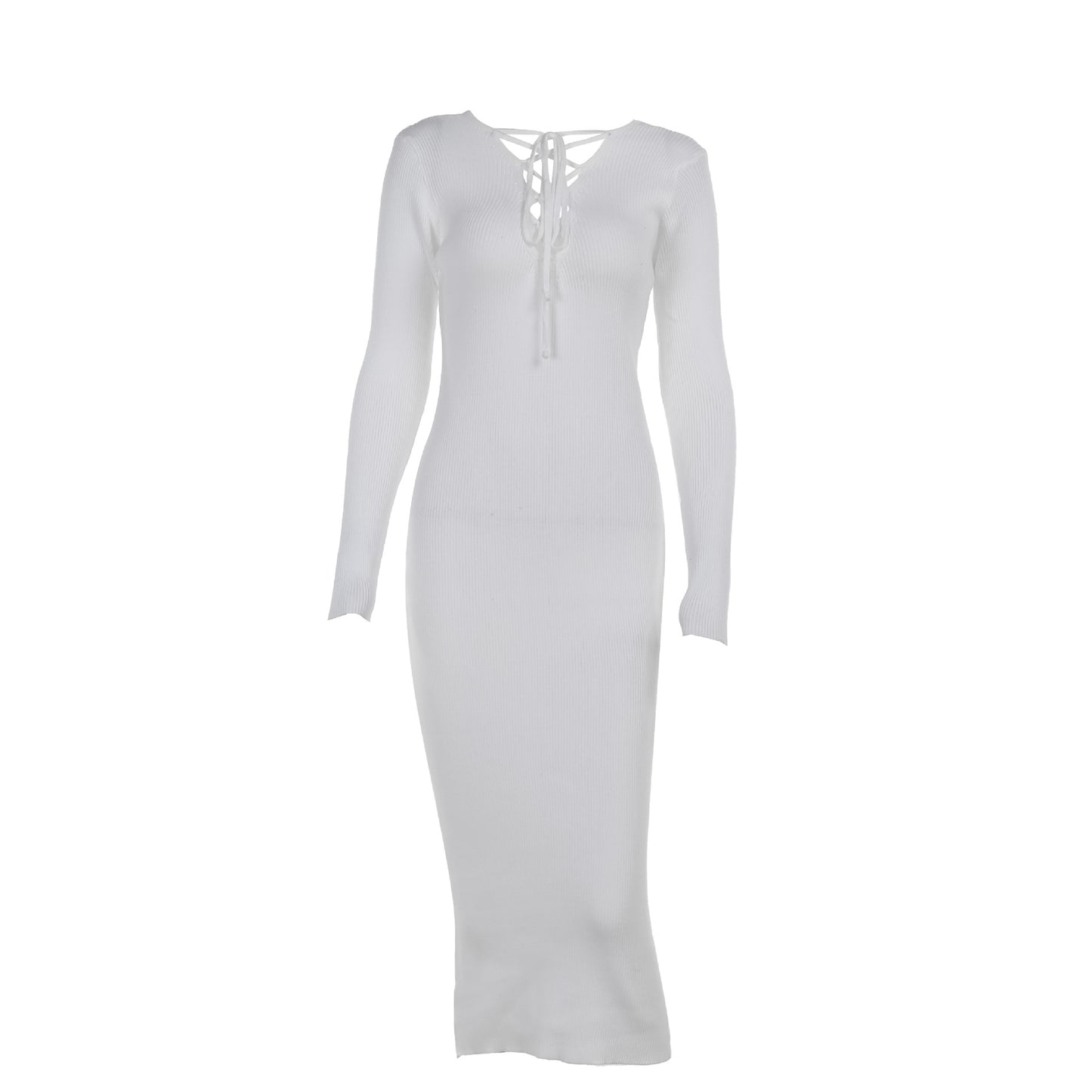Long Sleeve Ribbed Knit Bodycon Midi Dress with Lace-Up V-Neck
