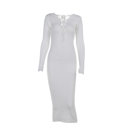 Long Sleeve Ribbed Knit Bodycon Midi Dress with Lace-Up V-Neck