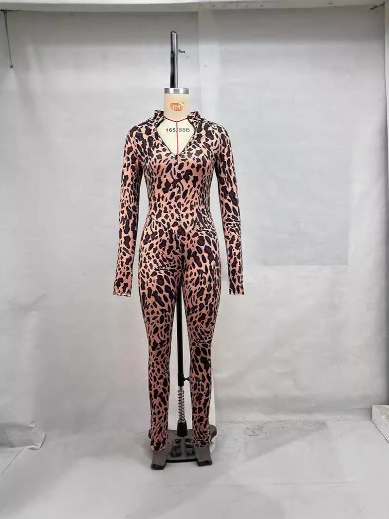 Leopard Print Long Sleeve Zipper Jumpsuit Tight Fit