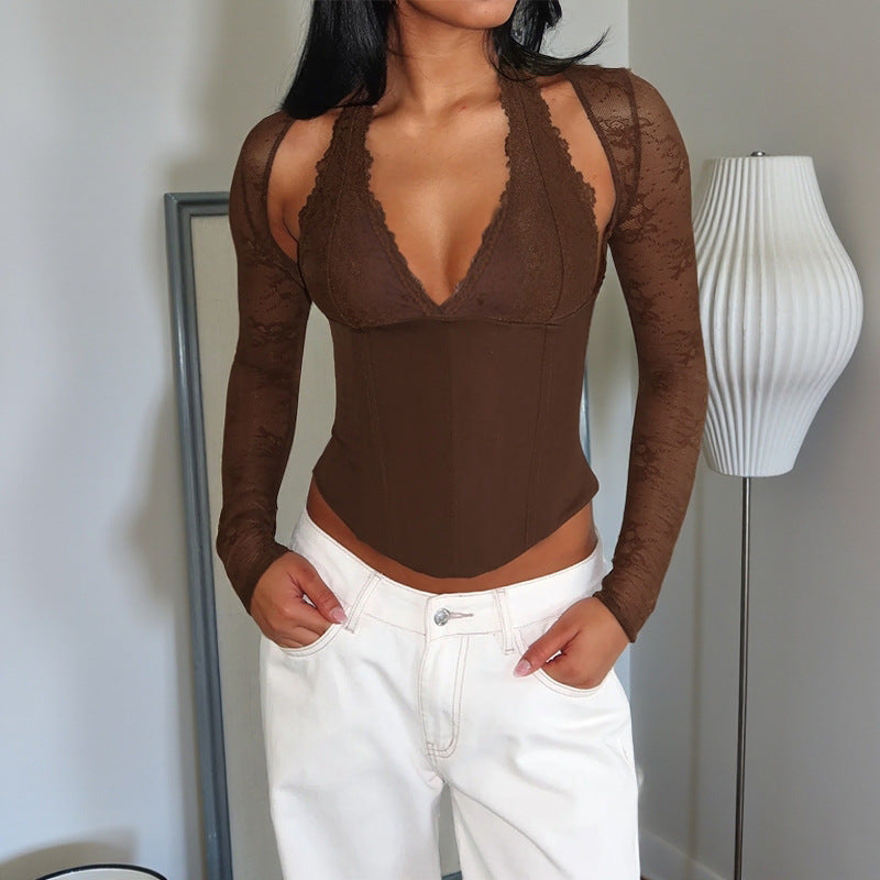 Slim-Fit Corset Top with Lace Halter and Long Sleeves