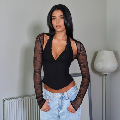 Slim-Fit Corset Top with Lace Halter and Long Sleeves