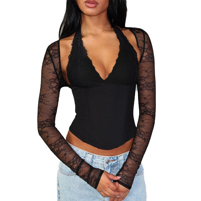 Slim-Fit Corset Top with Lace Halter and Long Sleeves