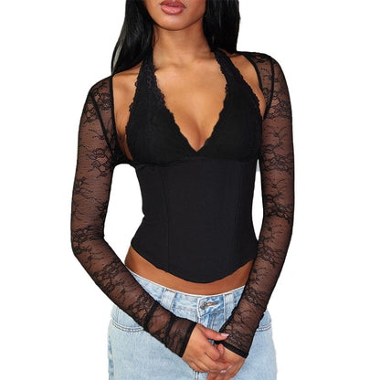 Slim-Fit Corset Top with Lace Halter and Long Sleeves