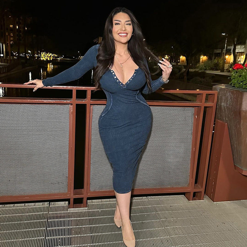 Ribbed Knit Bodycon Midi Dress with Snap Button V-Neck