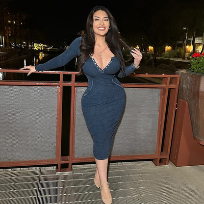 Ribbed Knit Bodycon Midi Dress with Snap Button V-Neck
