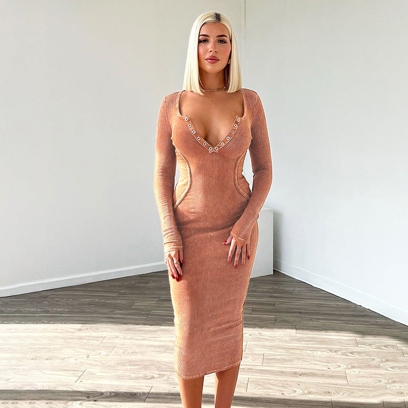 Ribbed Knit Bodycon Midi Dress with Snap Button V-Neck