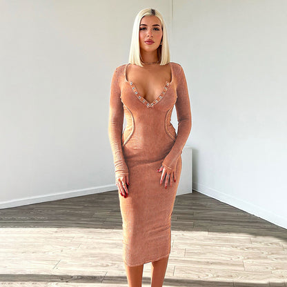 Ribbed Knit Bodycon Midi Dress with Snap Button V-Neck